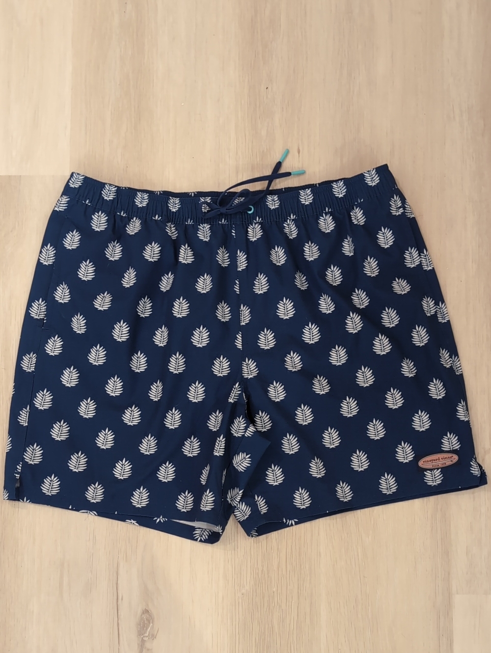 Vineyard Vines Navy Swim Trunks with White Leaf Print